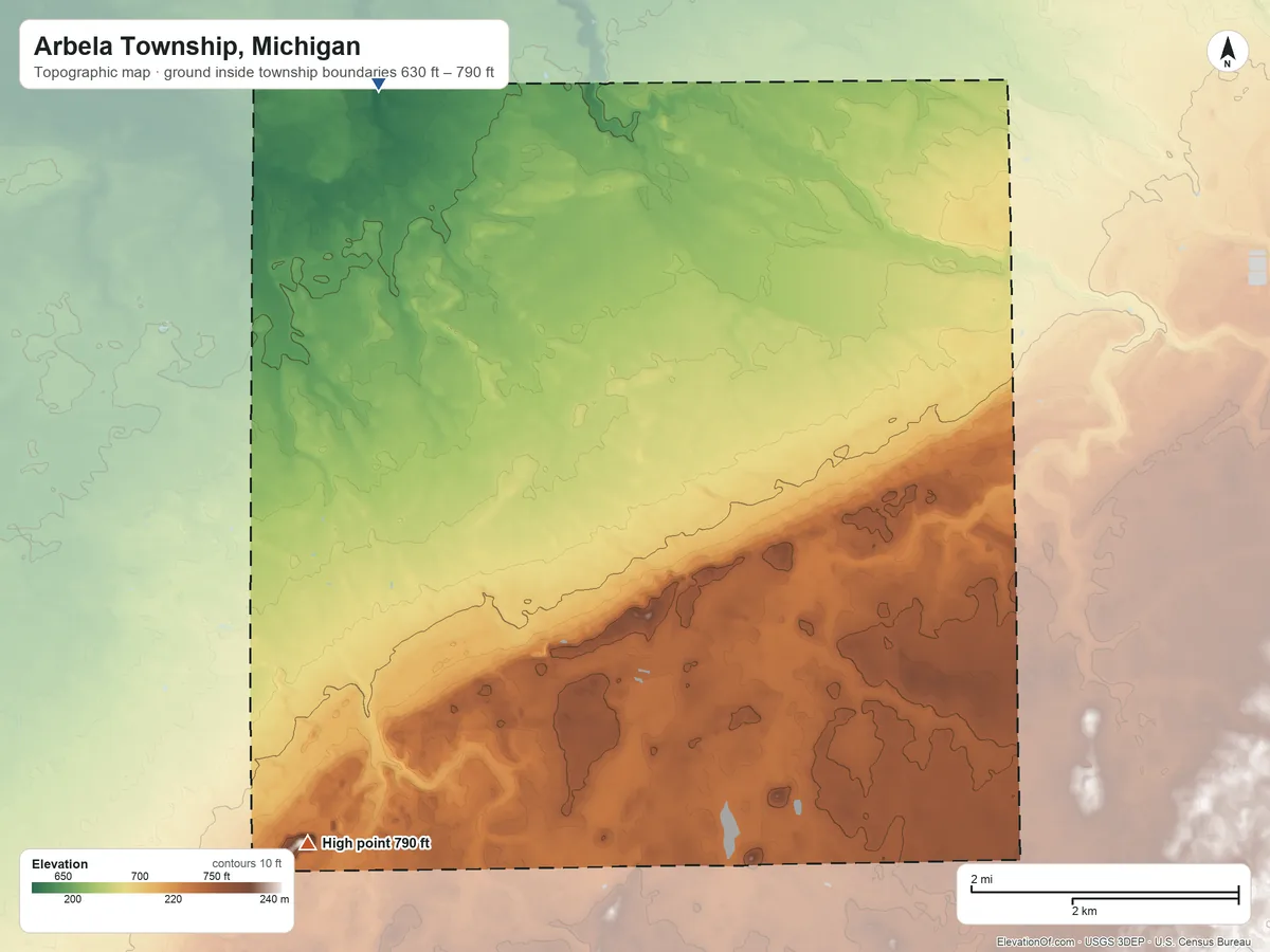 Topographic elevation map of Arbela Township, Michigan, shaded from 630 ft on the northwest side to 790 ft on the southwest side