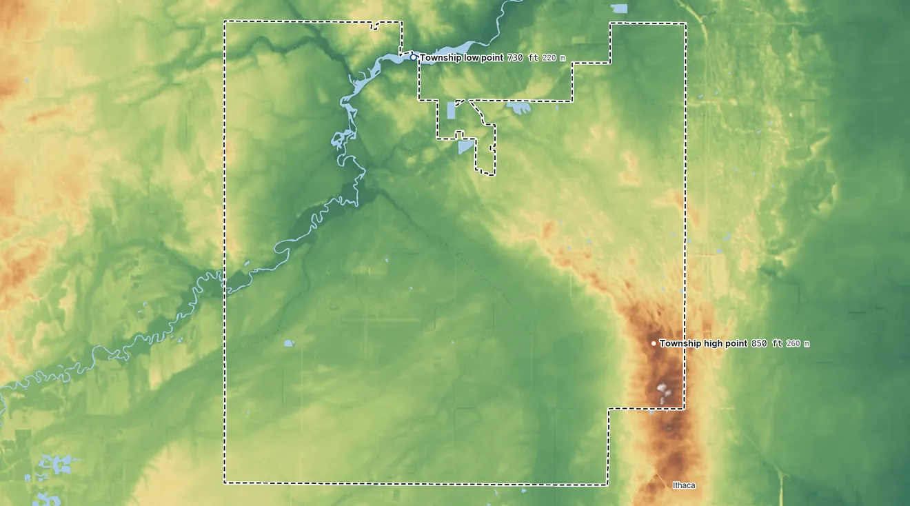 Topographic elevation map of Arcada Township, Michigan, shaded from 730 ft on the north side to 850 ft on the southeast side
