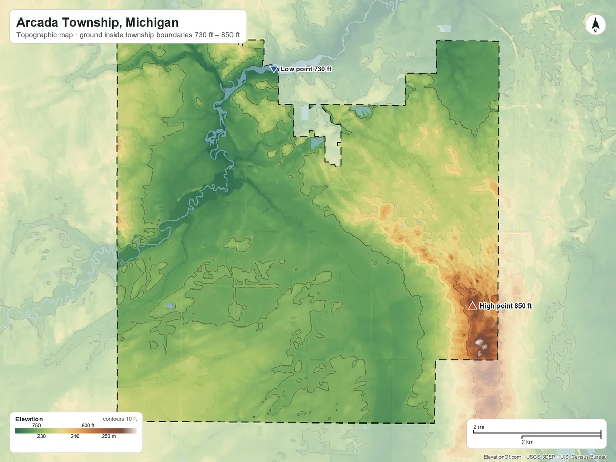 Topographic elevation map of Arcada Township, Michigan, shaded from 730 ft on the north side to 850 ft on the southeast side