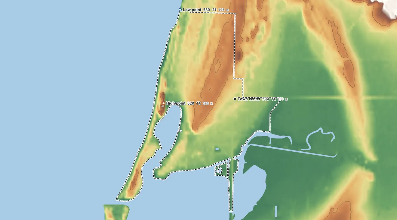 Topographic elevation map of Arcadia, Michigan, shaded from 580 ft on the northwest side to 620 ft on the west edge, below higher ground just outside