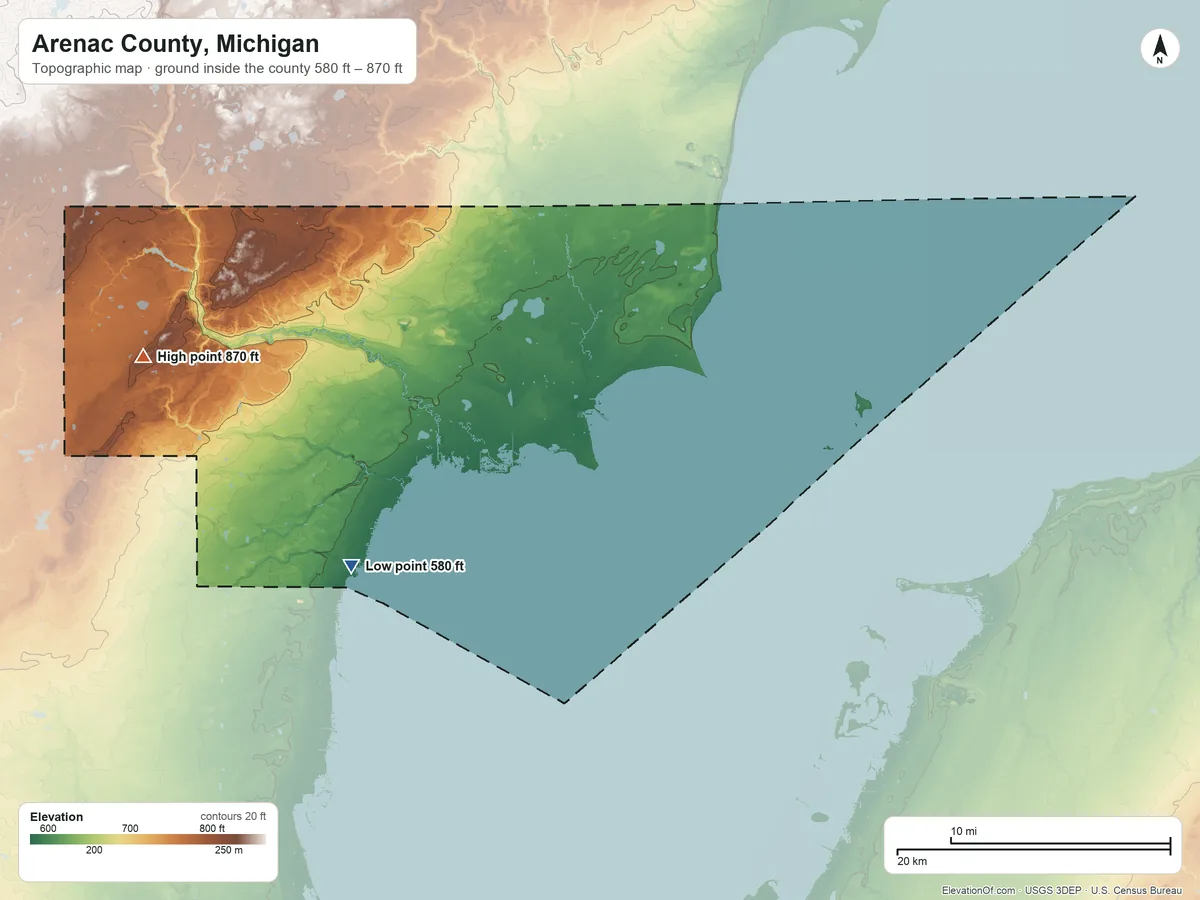 Topographic elevation map of Arenac County, Michigan, shaded from 580 ft on the southwest side to 870 ft on the west side