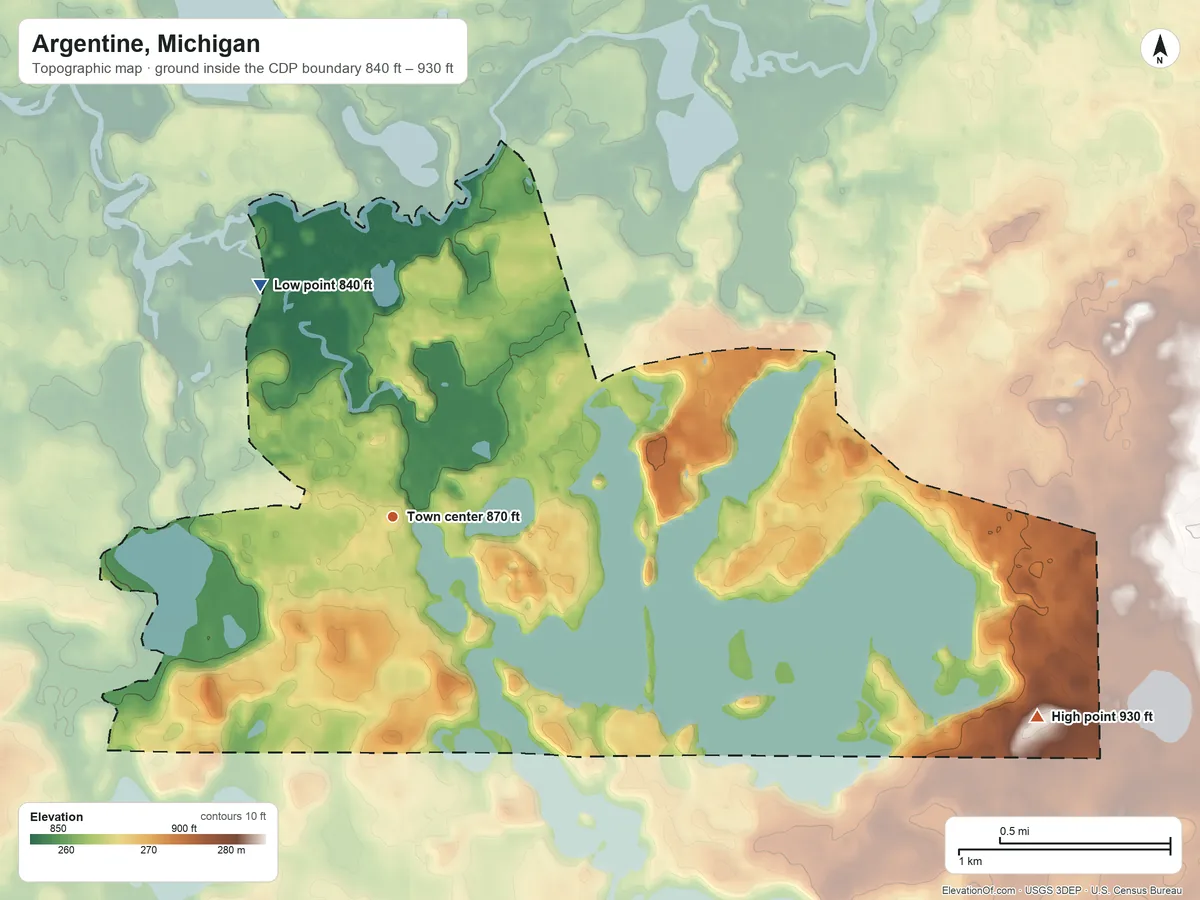 Topographic elevation map of Argentine, Michigan, shaded from 840 ft on the northwest side to 930 ft on the east side