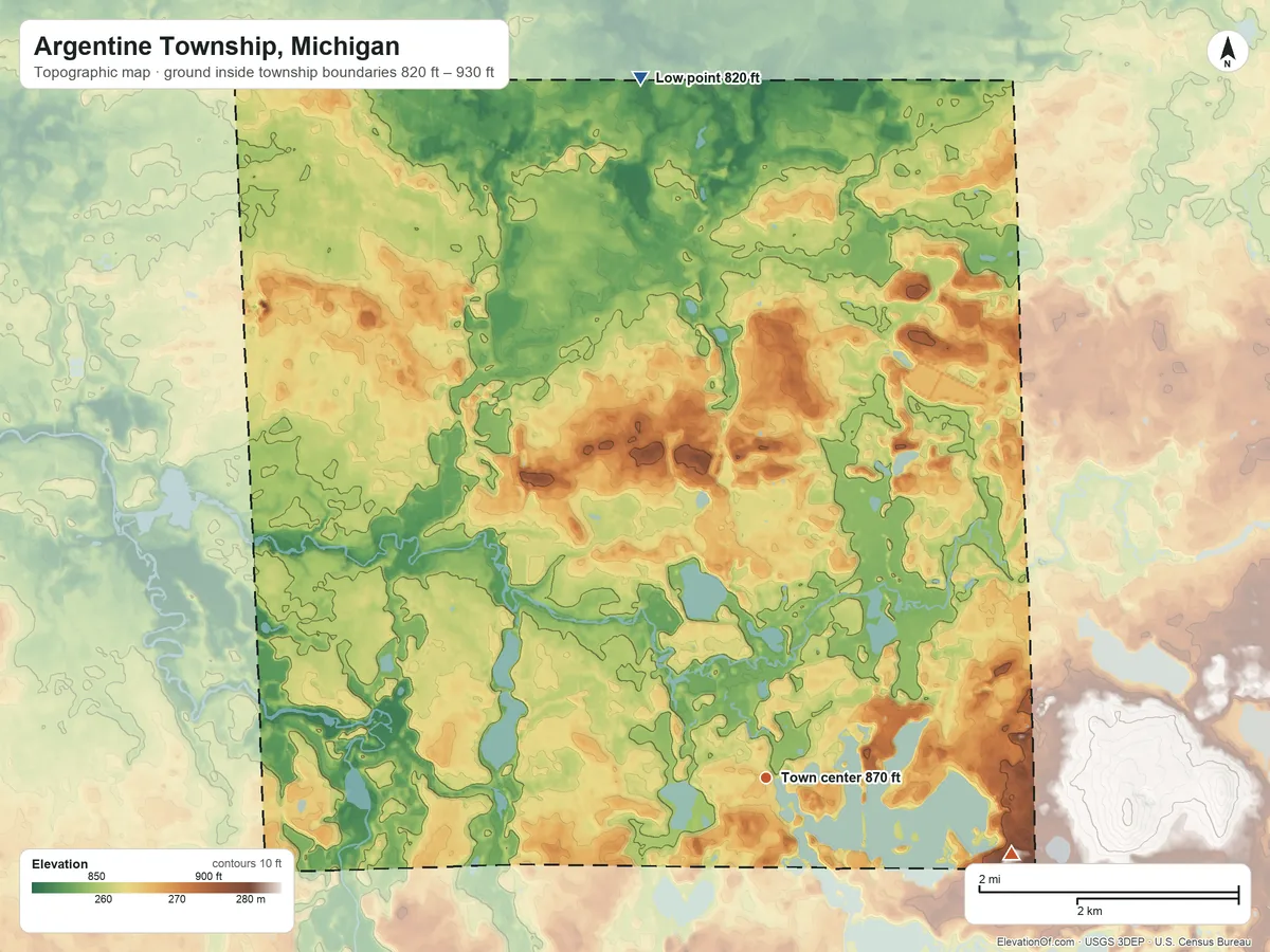 Topographic elevation map of Argentine Township, Michigan, shaded from 820 ft on the north side to 930 ft on the east side