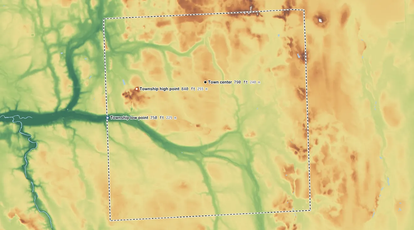 Topographic elevation map of Argyle Township, Michigan, shaded from 750 ft on the west side to 840 ft on the west side