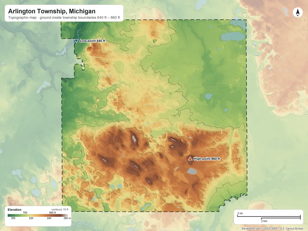 Topographic elevation map of Arlington Township, Michigan, shaded from 640 ft on the northwest side to 860 ft on the southeast side