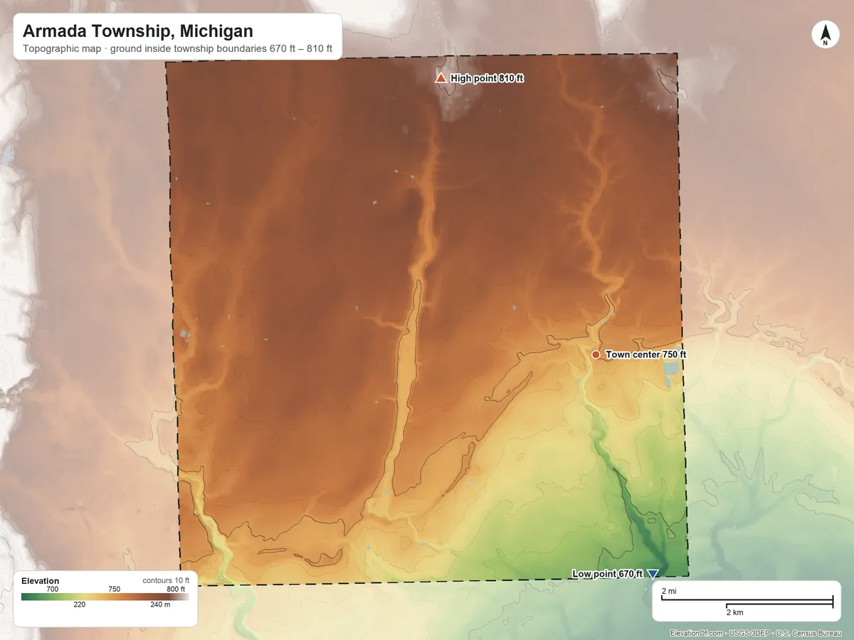Topographic elevation map of Armada Township, Michigan, shaded from 670 ft on the south side to 810 ft on the northwest side