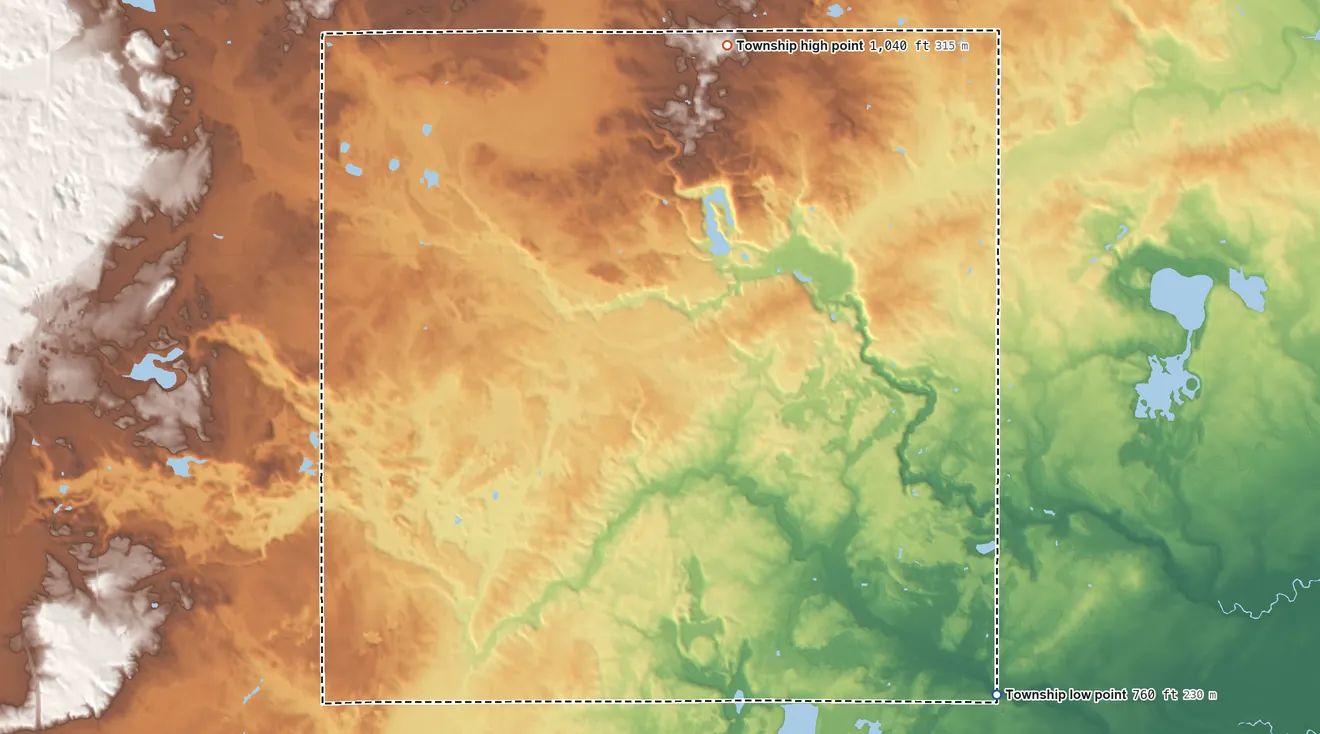 Topographic elevation map of Arthur Township, Michigan, shaded from 760 ft on the southeast side to 1,040 ft on the north side