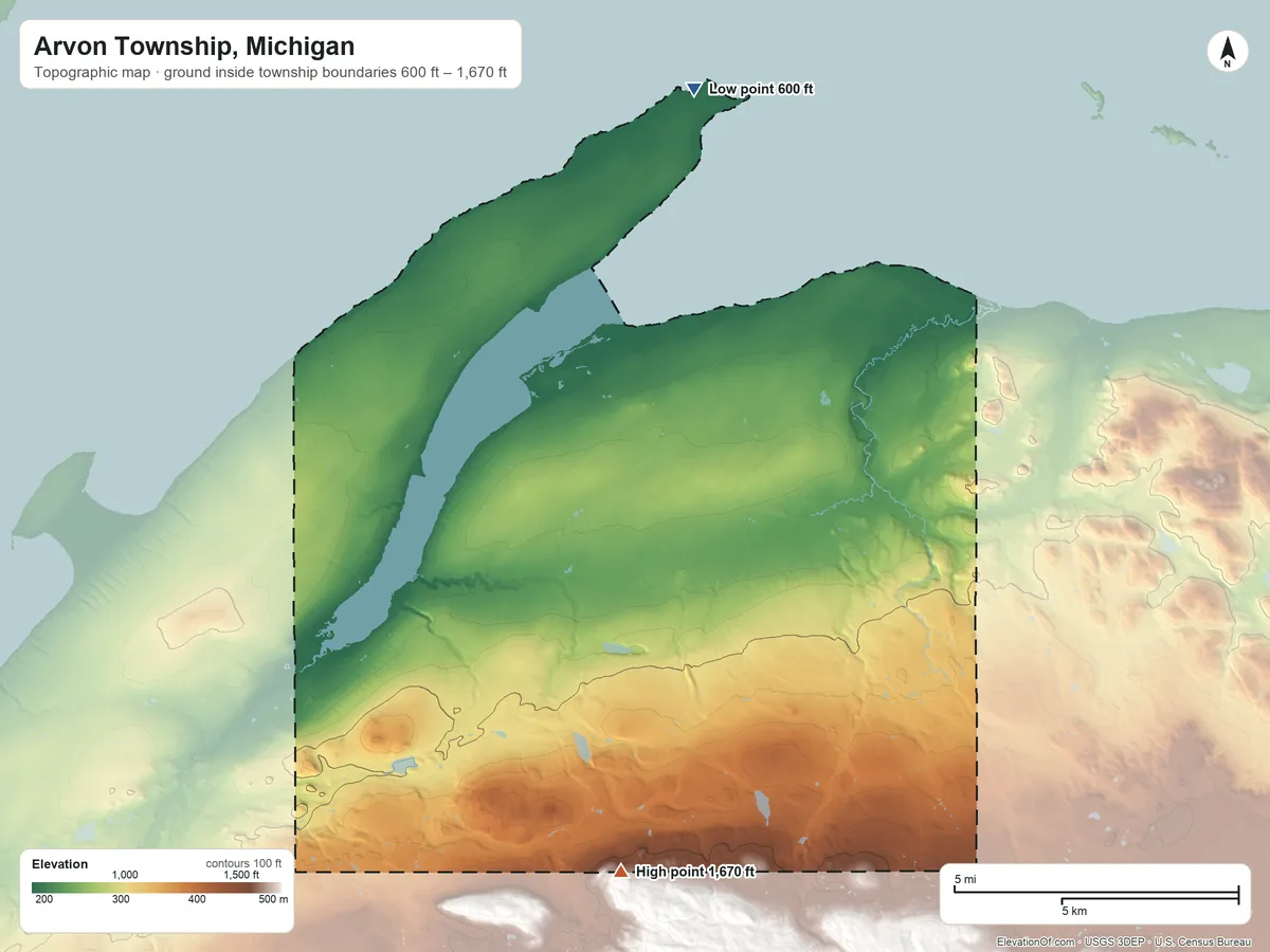 Topographic elevation map of Arvon Township, Michigan, shaded from 600 ft on the northeast side to 1,670 ft on the south side