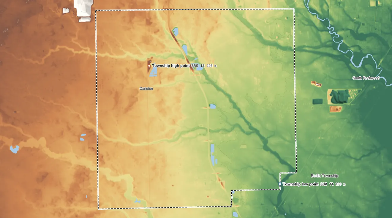 Topographic elevation map of Ash Township, Michigan, shaded from 580 ft on the southeast side to 650 ft on the northwest side