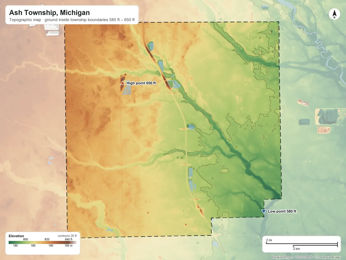 Topographic elevation map of Ash Township, Michigan, shaded from 580 ft on the southeast side to 650 ft on the northwest side