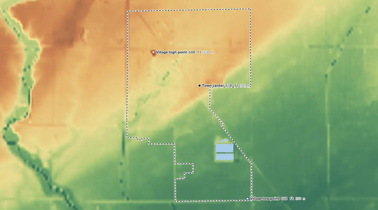 Topographic elevation map of Ashley, Michigan, shaded from 660 ft on the southeast side to 680 ft on the northwest side