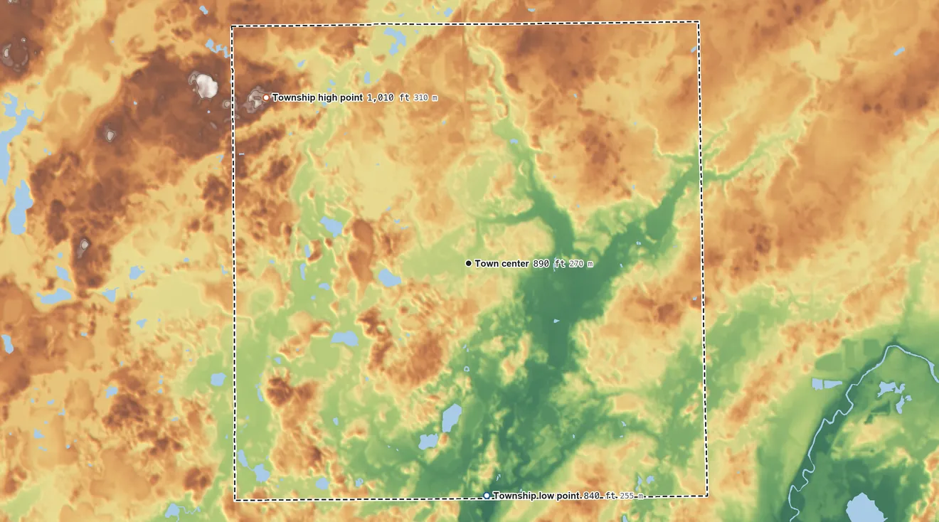 Topographic elevation map of Assyria Township, Michigan, shaded from 840 ft on the south side to 1,010 ft on the northwest side