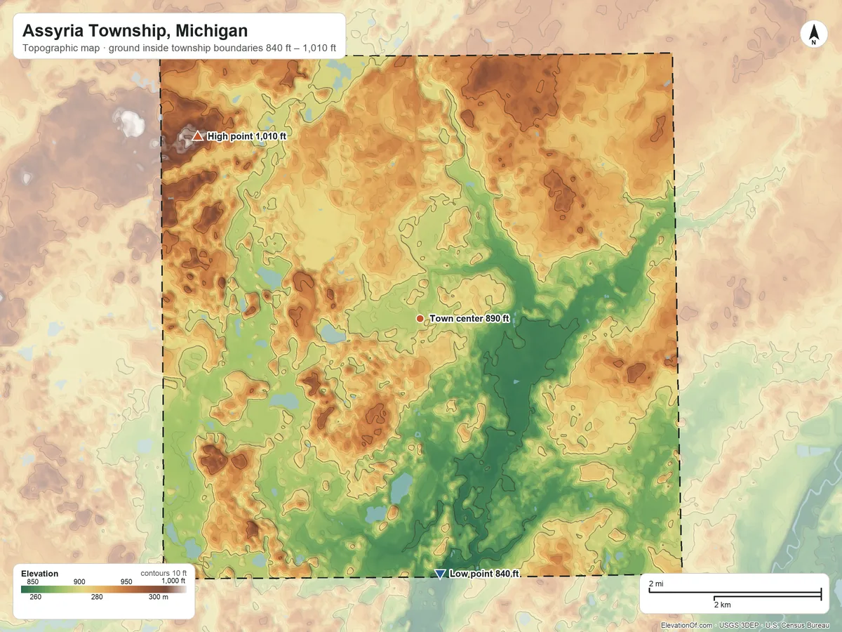 Topographic elevation map of Assyria Township, Michigan, shaded from 840 ft on the south side to 1,010 ft on the northwest side