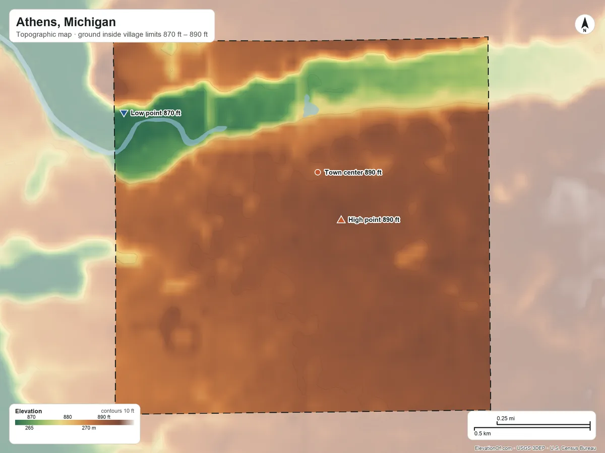 Topographic elevation map of Athens, Michigan, shaded from 870 ft on the west side to 890 ft near the middle