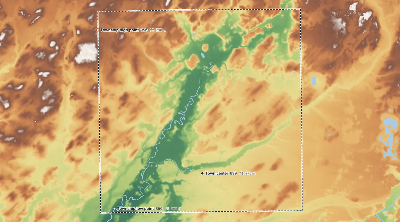 Topographic elevation map of Athens Township, Michigan, shaded from 860 ft on the west side to 950 ft on the northwest side