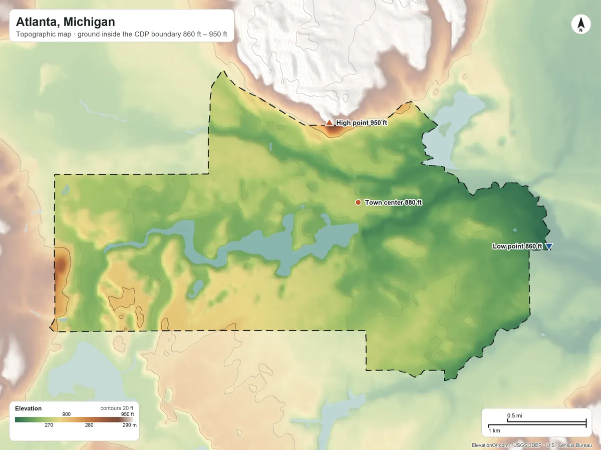 Topographic elevation map of Atlanta, Michigan, shaded from 860 ft on the east side to 950 ft on the north side