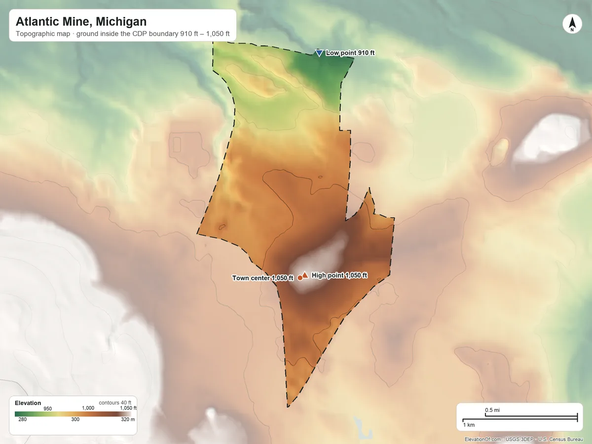 Topographic elevation map of Atlantic Mine, Michigan, shaded from 910 ft on the north side to 1,050 ft near the middle