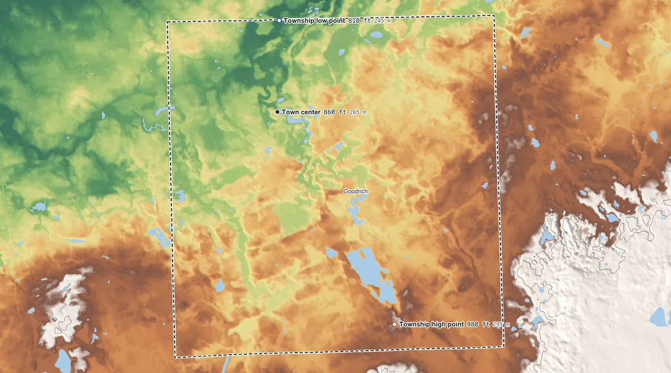 Topographic elevation map of Atlas Township, Michigan, shaded from 810 ft on the north side to 980 ft on the southeast side