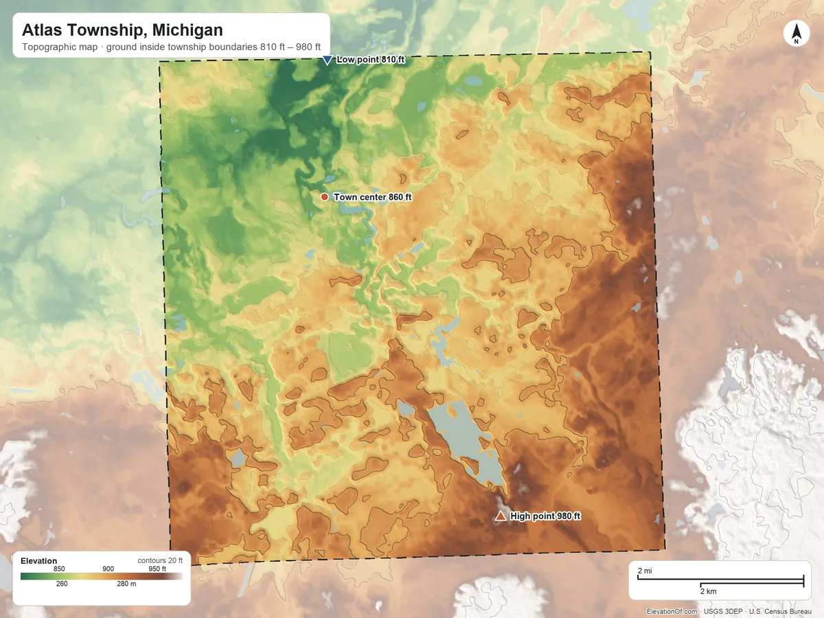 Topographic elevation map of Atlas Township, Michigan, shaded from 810 ft on the north side to 980 ft on the southeast side