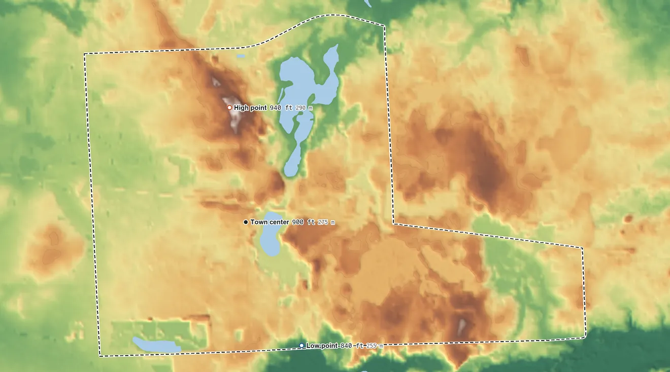 Topographic elevation map of Attica, Michigan, shaded from 840 ft on the southeast side to 940 ft on the north side