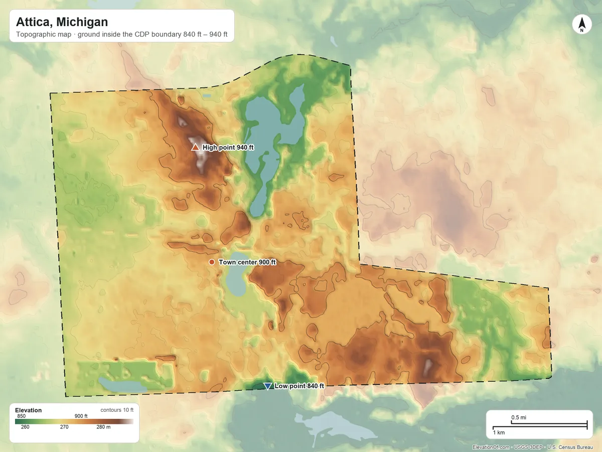 Topographic elevation map of Attica, Michigan, shaded from 840 ft on the southeast side to 940 ft on the north side