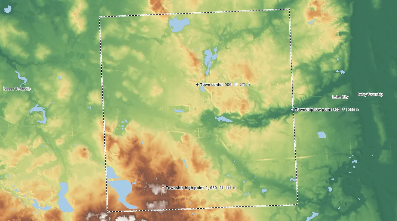 Topographic elevation map of Attica Township, Michigan, shaded from 820 ft on the east side to 1,030 ft on the south side