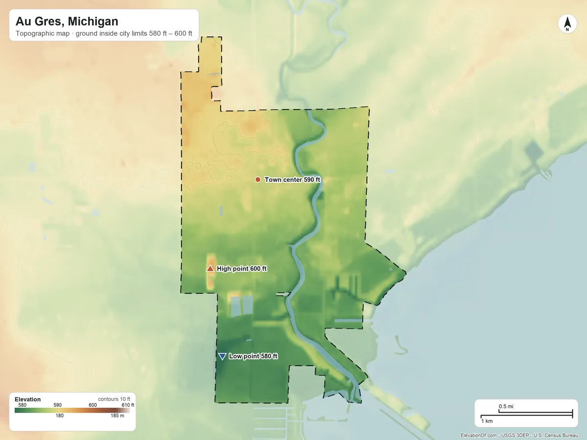 Topographic elevation map of Au Gres, Michigan, shaded from 580 ft on the south side to 600 ft on the southwest side