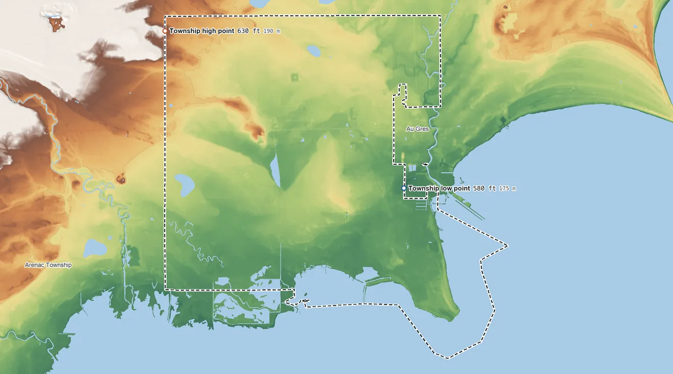 Topographic elevation map of Au Gres Township, Michigan, shaded from 580 ft on the east side to 630 ft on the northwest side