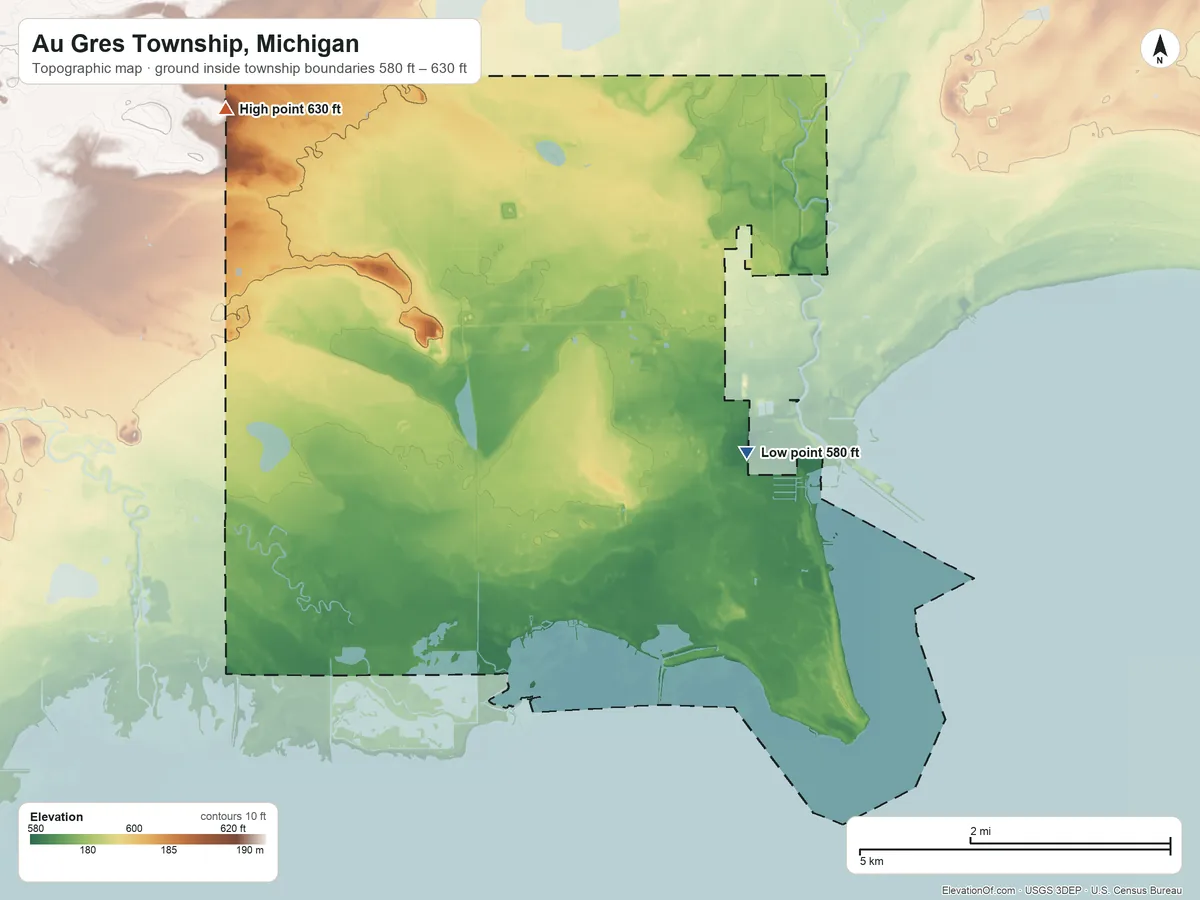 Topographic elevation map of Au Gres Township, Michigan, shaded from 580 ft on the east side to 630 ft on the northwest side