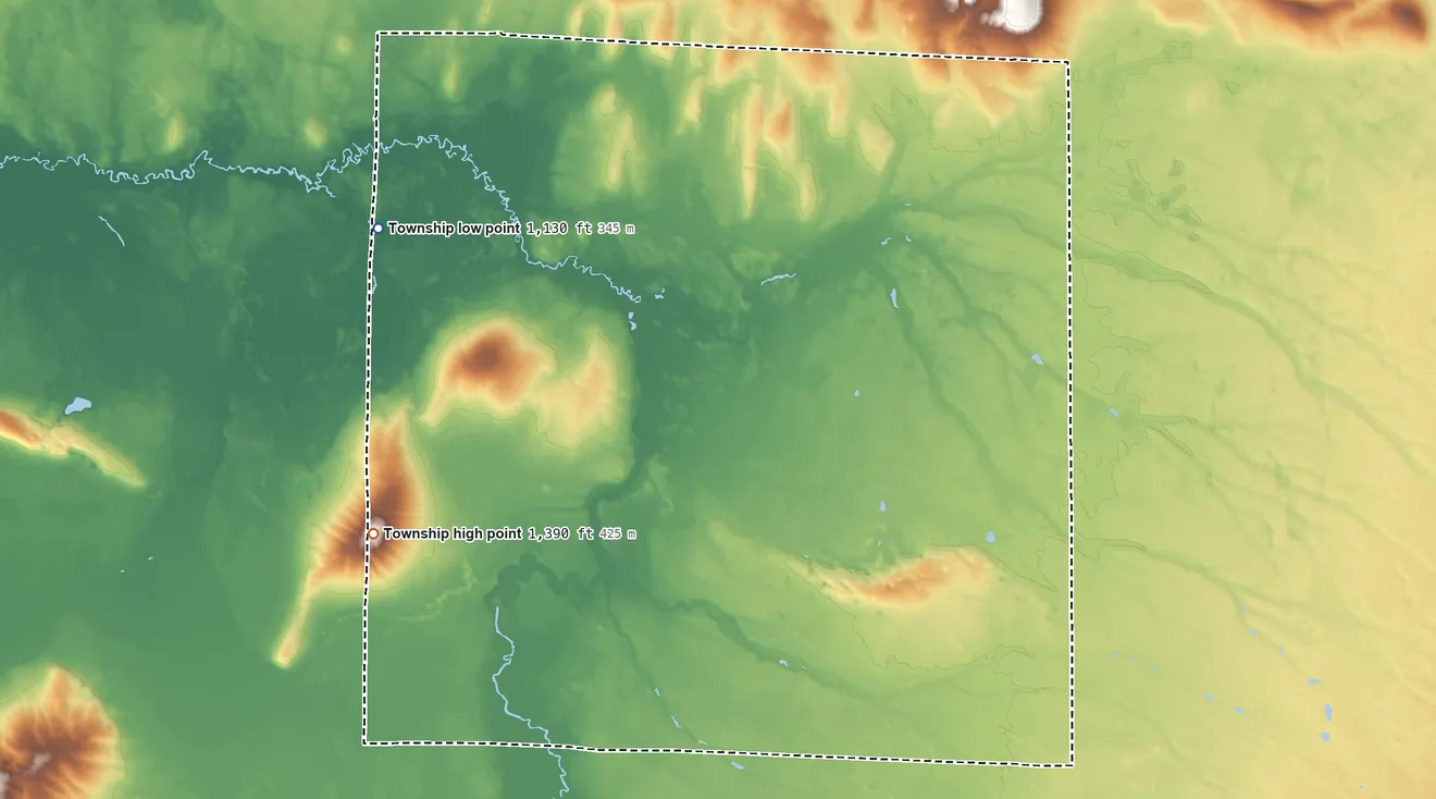 Topographic elevation map of Au Sable Township, Roscommon County, Michigan, shaded from 1,130 ft on the west side to 1,390 ft on the southwest side
