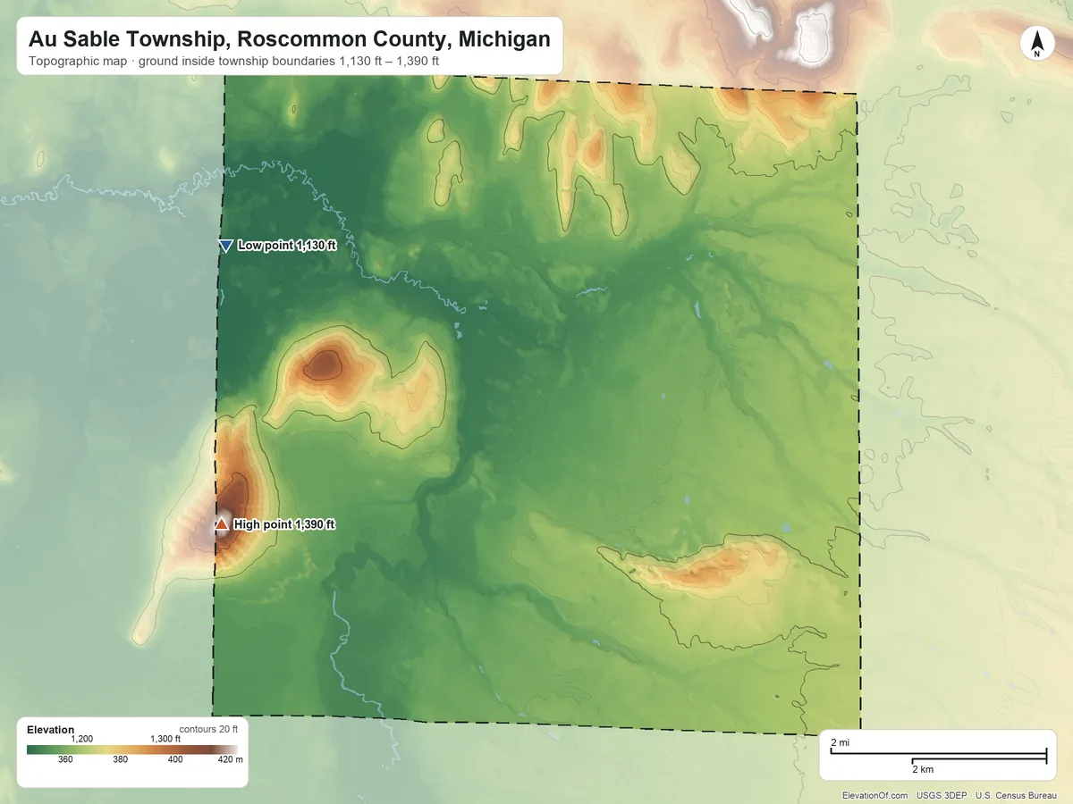 Topographic elevation map of Au Sable Township, Roscommon County, Michigan, shaded from 1,130 ft on the west side to 1,390 ft on the southwest side