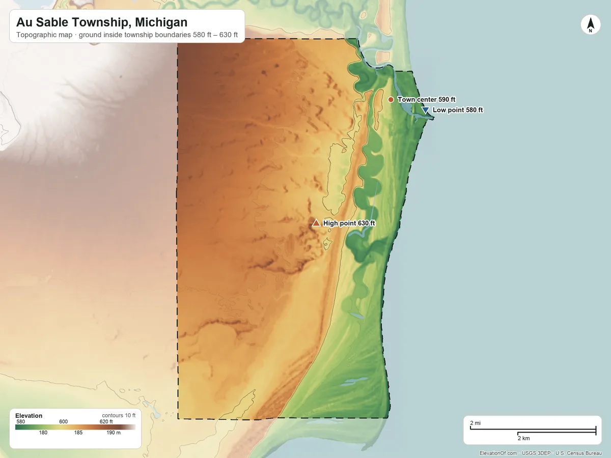 Topographic elevation map of Au Sable Township, Michigan, shaded from 580 ft near the middle to 630 ft on the southwest side