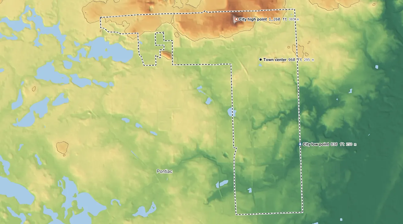 Topographic elevation map of Auburn Hills, Michigan, shaded from 830 ft on the southeast side to 1,260 ft on the northwest side