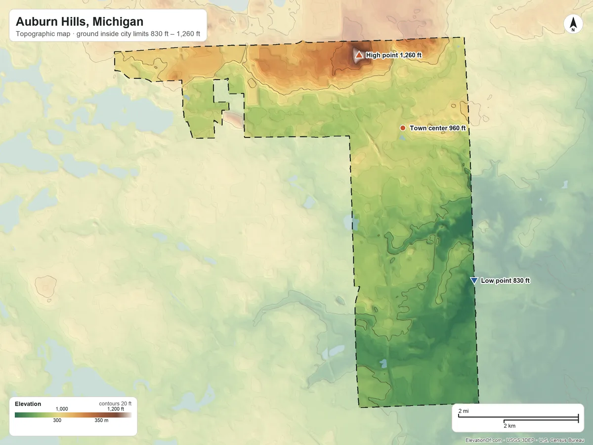 Topographic elevation map of Auburn Hills, Michigan, shaded from 830 ft on the southeast side to 1,260 ft on the northwest side