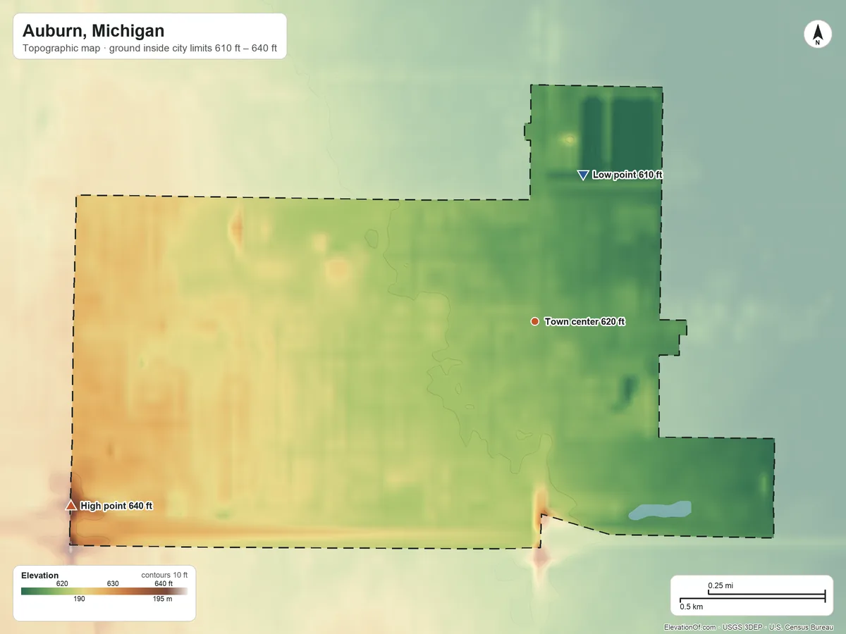 Topographic elevation map of Auburn, Michigan, shaded from 610 ft on the north side to 640 ft on the west side