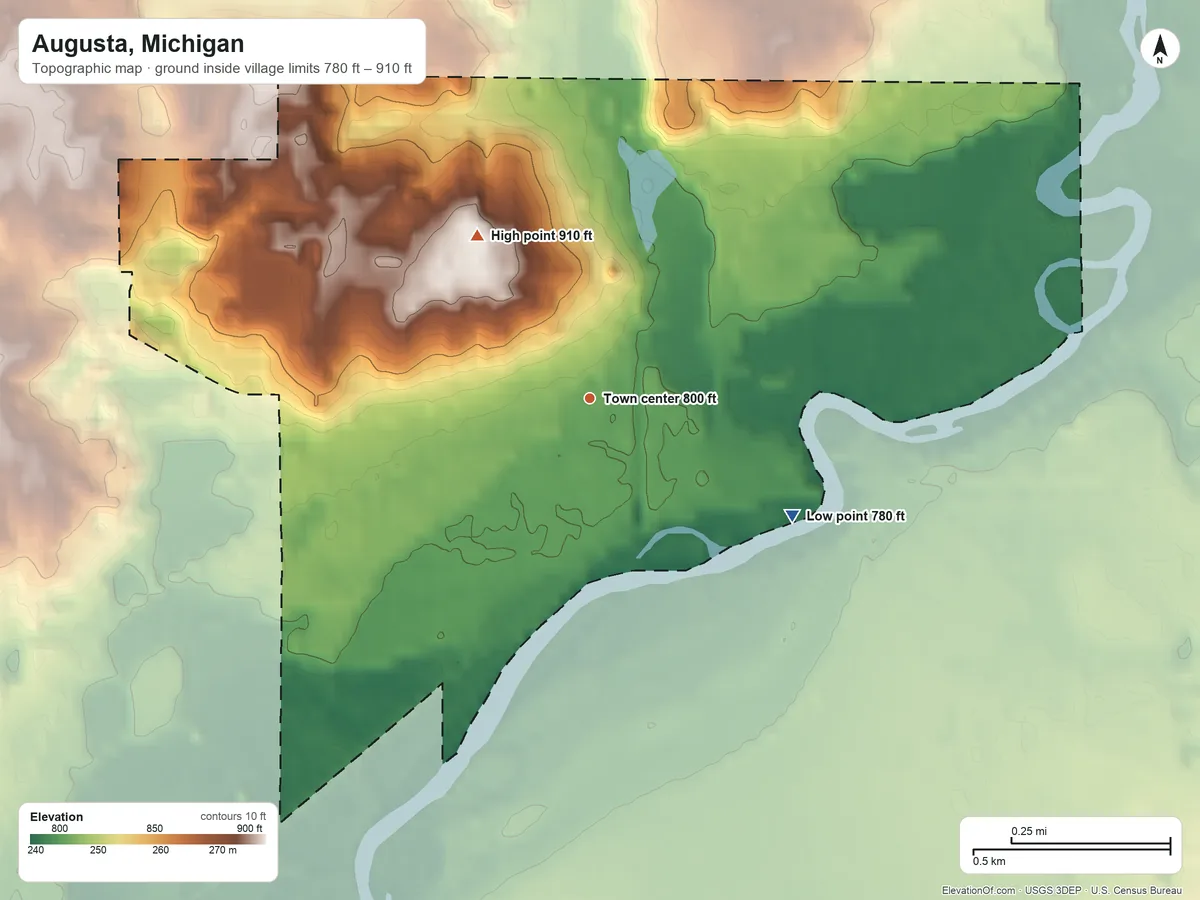 Topographic elevation map of Augusta, Michigan, shaded from 780 ft on the southeast side to 910 ft on the northwest side
