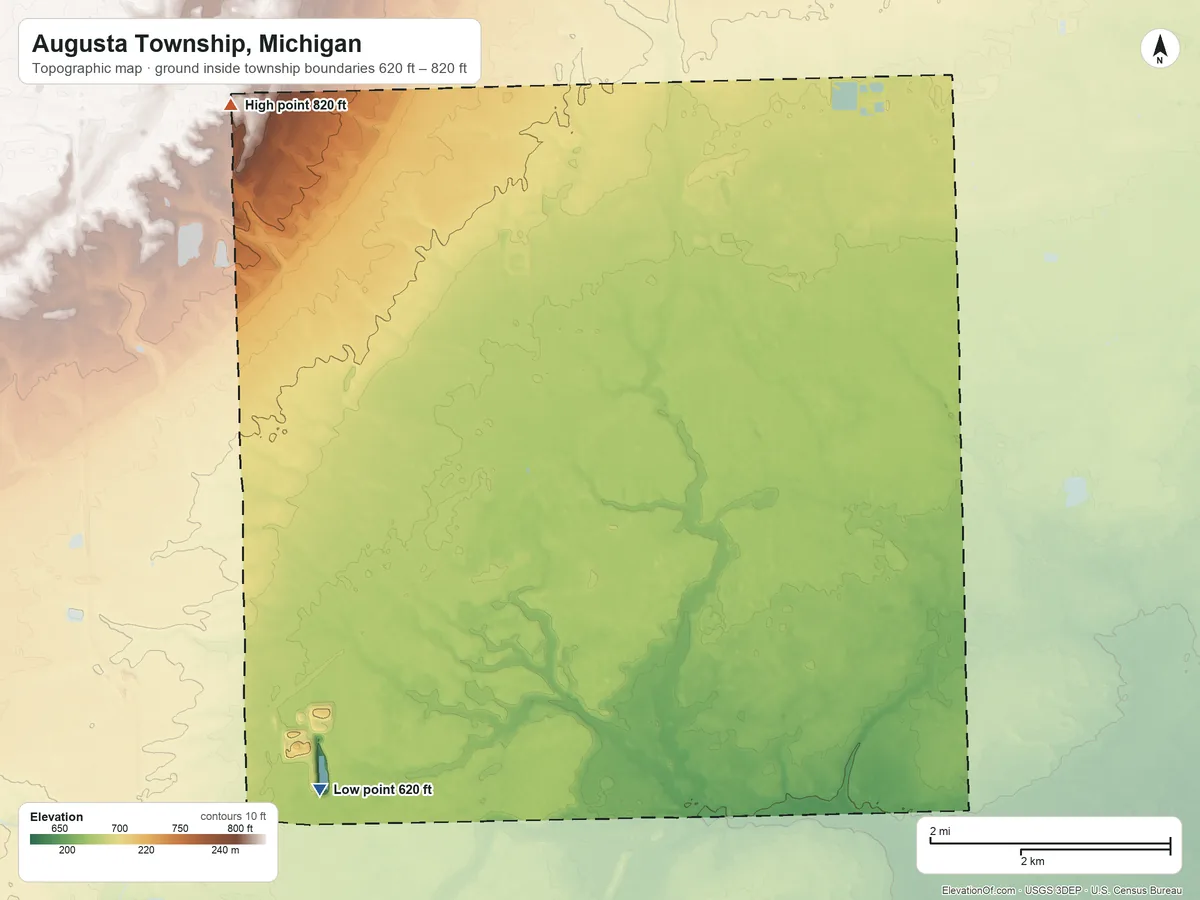 Topographic elevation map of Augusta Township, Michigan, shaded from 620 ft on the southwest side to 820 ft on the northwest side