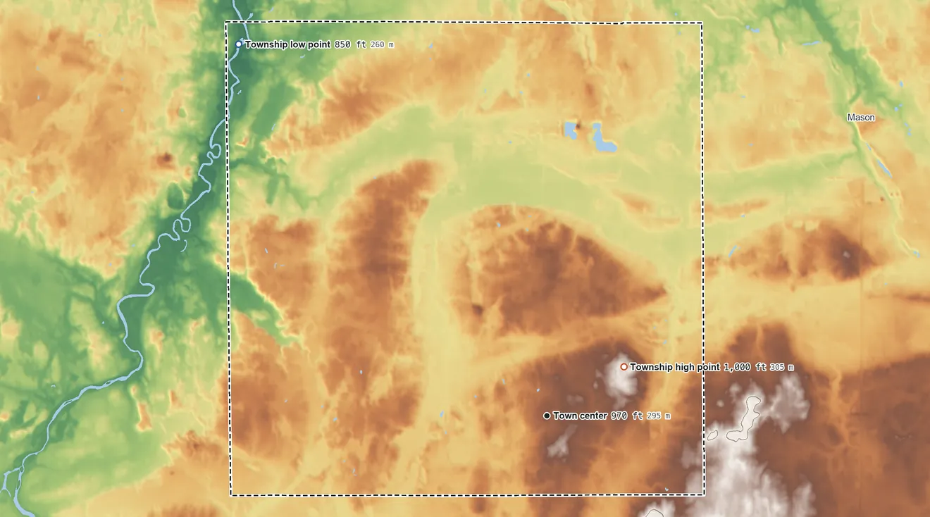 Topographic elevation map of Aurelius Township, Michigan, shaded from 850 ft on the northwest side to 1,000 ft on the northeast side
