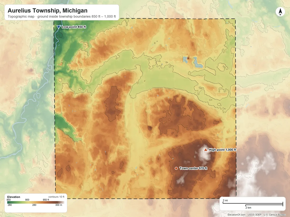 Topographic elevation map of Aurelius Township, Michigan, shaded from 850 ft on the northwest side to 1,000 ft on the northeast side