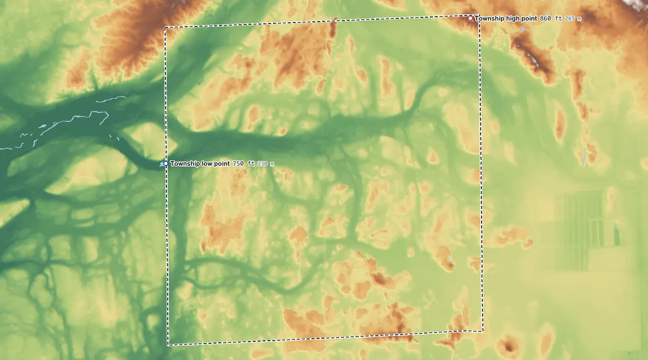 Topographic elevation map of Austin Township, Sanilac County, Michigan, shaded from 750 ft on the west side to 860 ft on the northeast side
