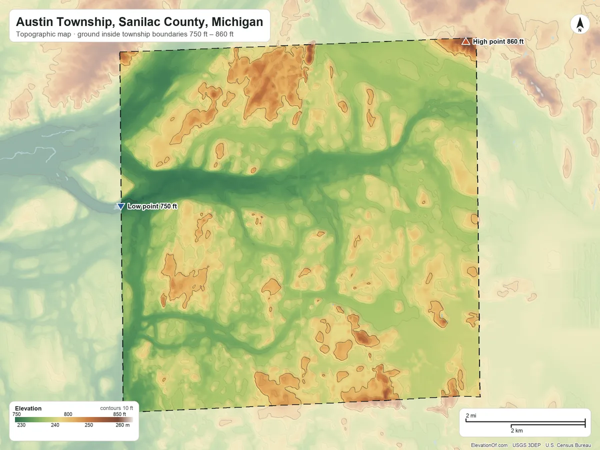 Topographic elevation map of Austin Township, Sanilac County, Michigan, shaded from 750 ft on the west side to 860 ft on the northeast side