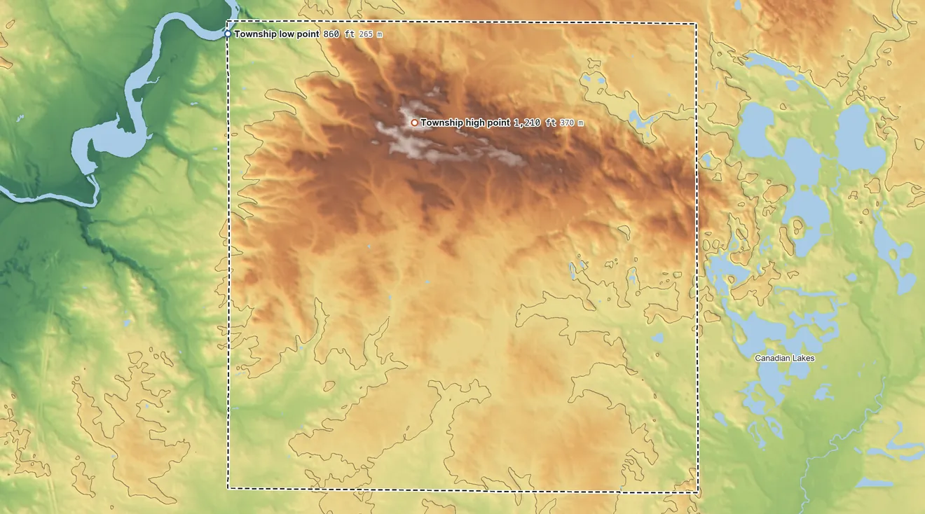 Topographic elevation map of Austin Township, Michigan, shaded from 860 ft on the northwest side to 1,210 ft on the north side