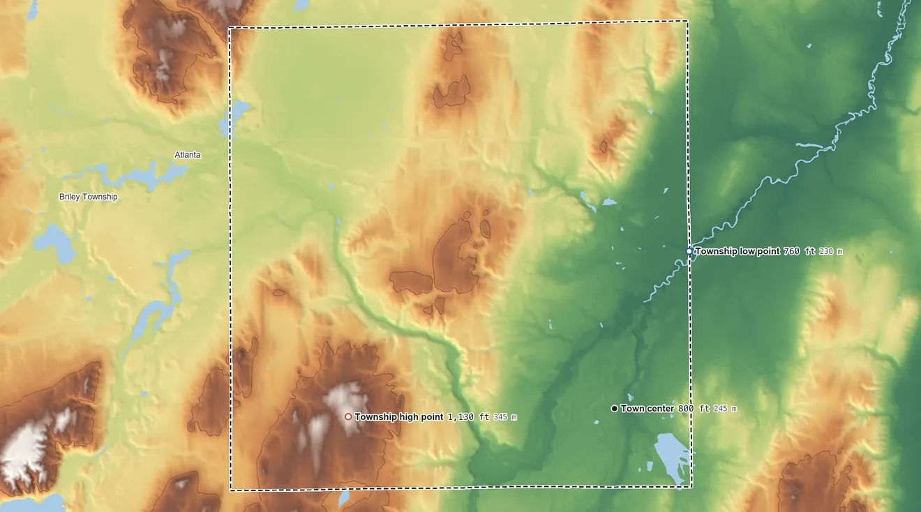Topographic elevation map of Avery Township, Michigan, shaded from 760 ft on the northeast side to 1,130 ft on the west side