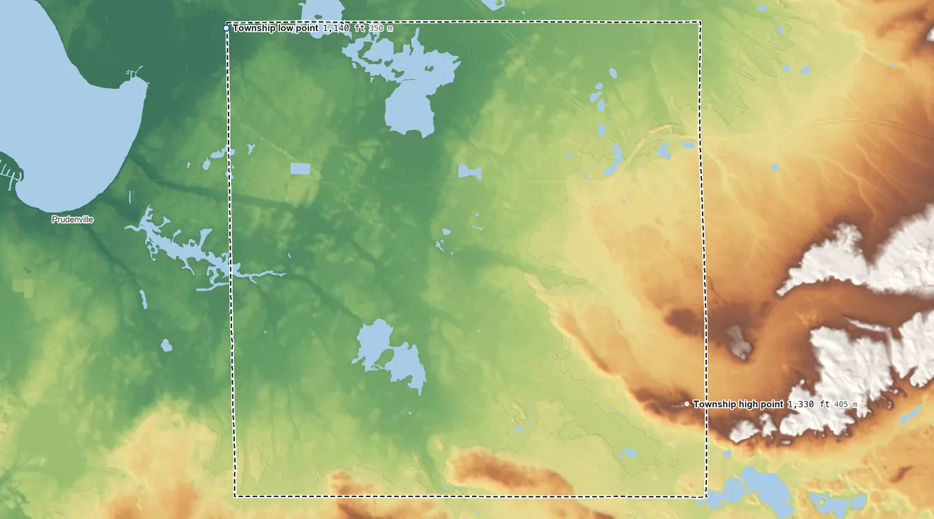 Topographic elevation map of Backus Township, Michigan, shaded from 1,140 ft on the northwest side to 1,330 ft on the southeast side