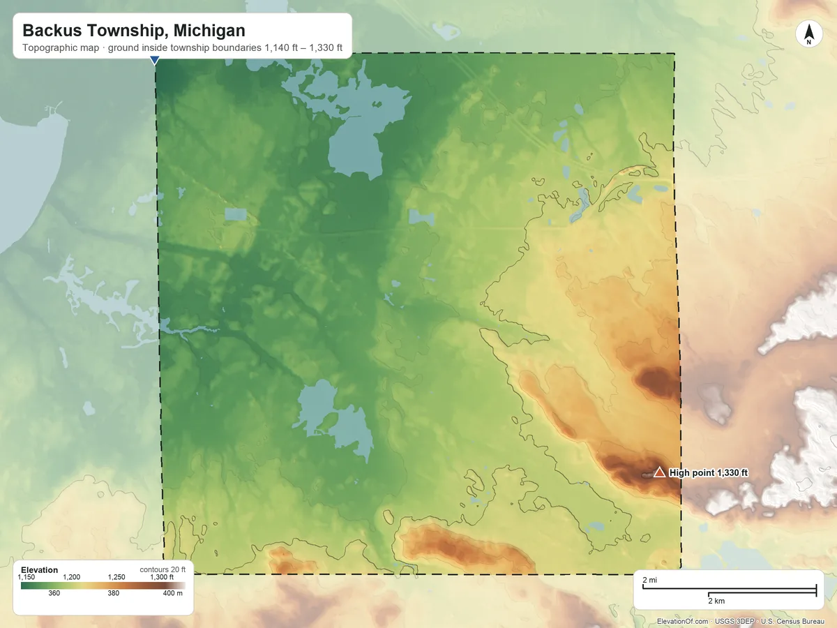 Topographic elevation map of Backus Township, Michigan, shaded from 1,140 ft on the northwest side to 1,330 ft on the southeast side