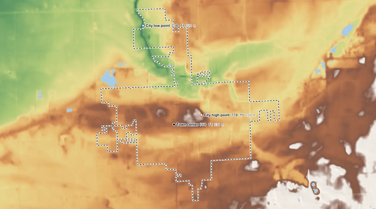 Topographic elevation map of Bad Axe, Michigan, shaded from 730 ft on the north side to 770 ft on the east side