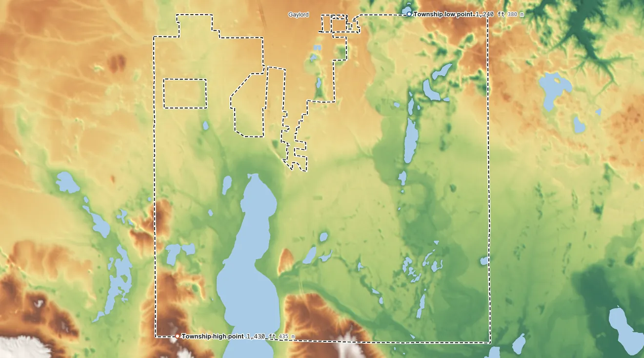 Topographic elevation map of Bagley Township, Michigan, shaded from 1,240 ft on the northeast side to 1,430 ft on the southwest side
