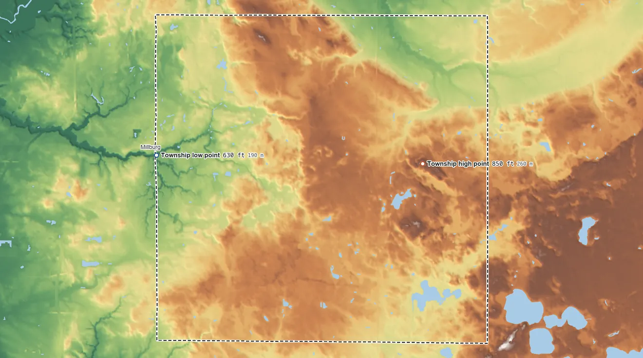 Topographic elevation map of Bainbridge Township, Michigan, shaded from 630 ft on the west side to 850 ft on the east side