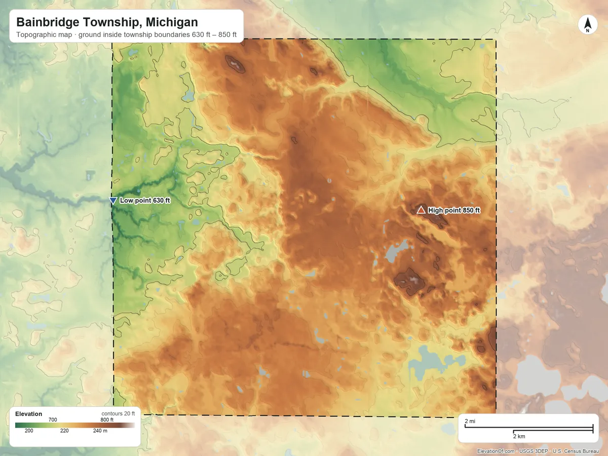 Topographic elevation map of Bainbridge Township, Michigan, shaded from 630 ft on the west side to 850 ft on the east side