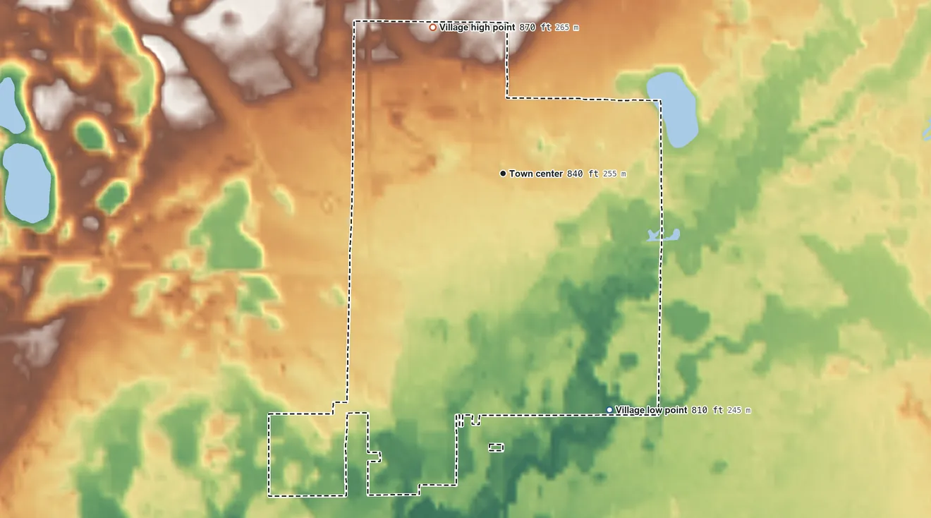 Topographic elevation map of Baldwin, Michigan, shaded from 810 ft on the southeast side to 870 ft on the northwest side
